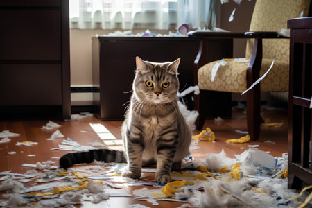 Cute tabby cat sitting on the floor with lots of paperの素材