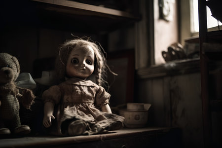 Abandoned doll in the old house. Selective focus.の素材