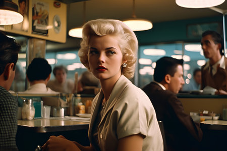 Beautiful girl in a cafe. Retro style. Blonde woman.の素材