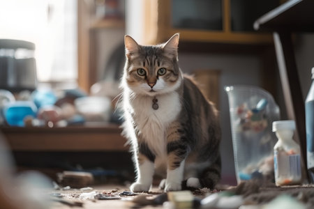 Domestic cat sitting on the floor in the living room and looking at the cameraの素材