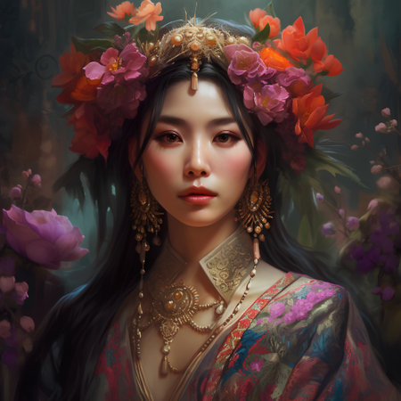 Beautiful asian woman with flowers in her hair. Oriental style.の素材