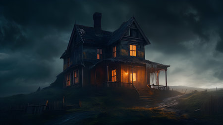Wooden house in the mountains. Halloween background. 3D renderingの素材