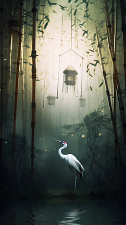 Mystical scene with a crane in a bamboo forest, 3d renderの素材