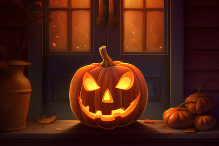 Halloween pumpkin in front of the house. 3D illustration.の素材