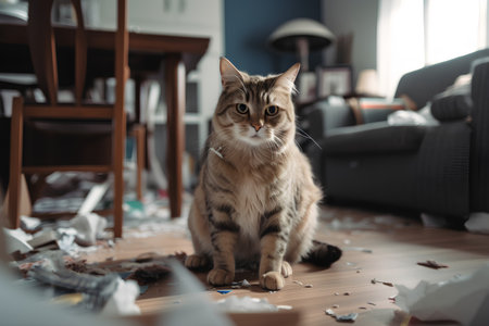 Cute tabby cat sitting on floor with crumpled papersの素材