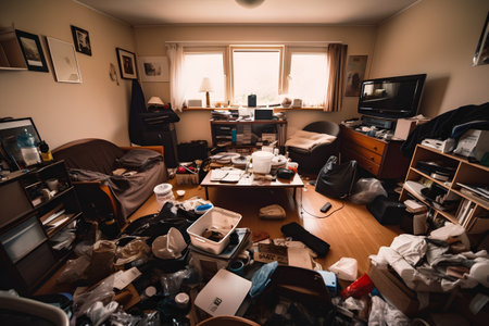 Messy and cluttered room in an old school style home.の素材
