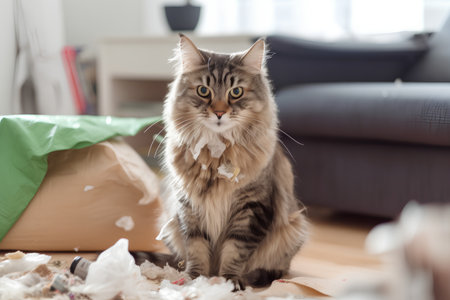 Siberian cat with crumpled paper in the living roomの素材
