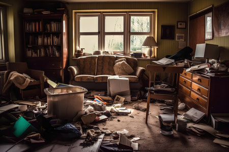 Abandoned and cluttered interior of an old school house.の素材