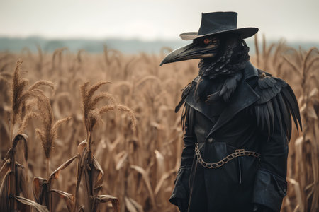 Scarecrow in a wheat field. Halloween concept. Selective focus.の素材