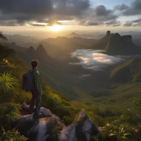 Man with backpack on the peak of a mountain and looking at sunriseの素材