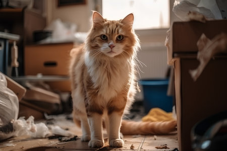 fluffy red cat in the room of an apartment with mess and rubbishの素材