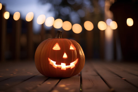 Halloween pumpkin on a wooden background with bokeh lights.の素材