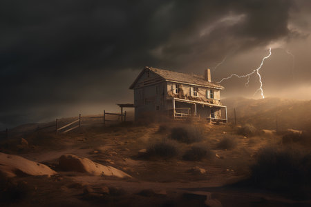 Abandoned house with lightning in the sky. 3d renderの素材