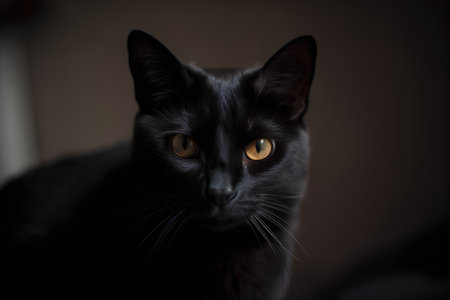 Portrait of a black cat with yellow eyes on a dark backgroundの素材