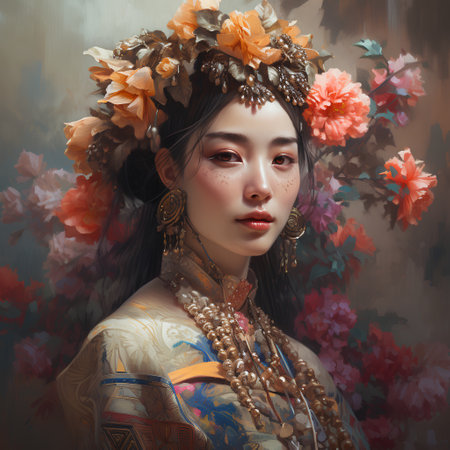 Portrait of a beautiful Asian woman in a wreath of flowersの素材
