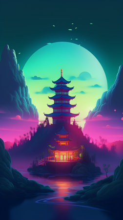 Chinese temple in the misty forest at sunset. Vector illustration.の素材