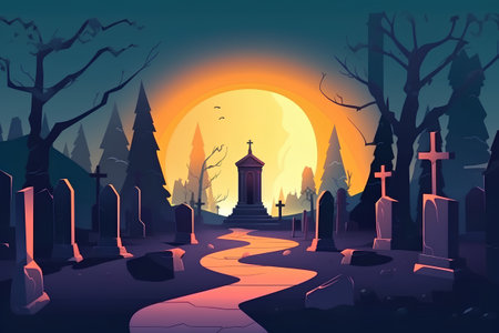 Halloween background with graveyard and sunset, vector illustration eps10の素材