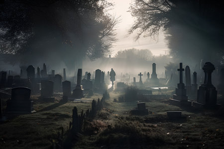 Gravestones in a foggy graveyard at sunrise, Halloween conceptの素材