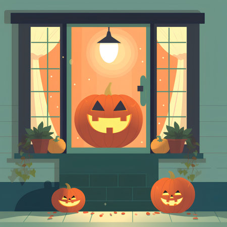 Halloween pumpkins on the porch of the house. Vector illustrationの素材