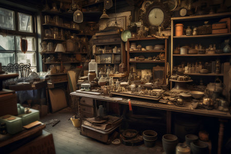 Vintage Antiques Shop. Retro styled photo. Selective focus.の素材