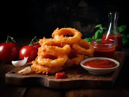 Deep fried onion rings with tomato sauce on wooden board over dark backgroundの素材