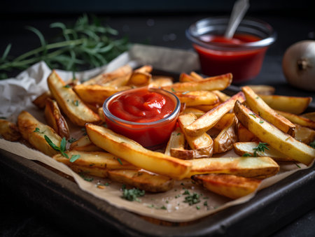 Fried potato wedges with ketchup and herbs, selective focusの素材