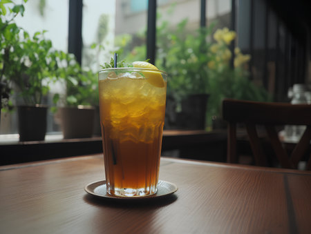 Iced tea with lemon on the wooden table in coffee shop.の素材
