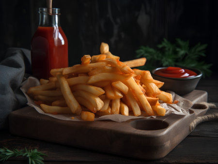 French fries with ketchup on a wooden board, selective focus.の素材