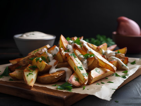 Fried potatoes with mayonnaise and parsley, selective focusの素材