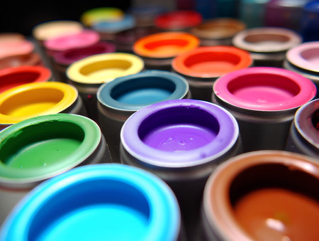Close up of paint cans in different colors. Selective focus.の素材