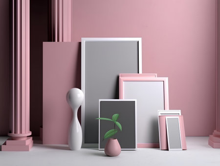 pink wall with picture frame and plant in vase - 3d renderingの素材
