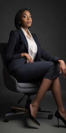 Beautiful African American businesswoman sitting in an office chair on a dark backgroundの素材