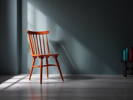 3d rendering of a chair in a room with a dark wallの素材