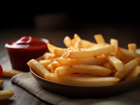Golden French fries potatoes with ketchup on wooden table, selective focusの素材
