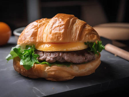 Croissant sandwich with beef, cheese and lettuce on dark backgroundの素材