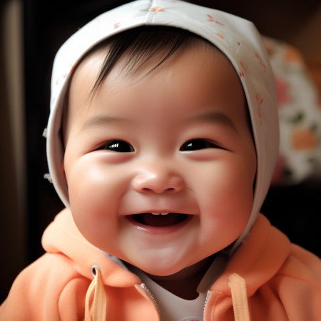 Portrait of an adorable asian baby girl smiling and looking at cameraの素材