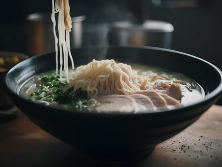 Ramen noodle soup with pork in a bowl on wooden tableの素材