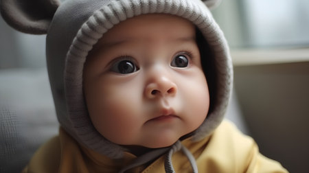 Portrait of a cute baby boy wearing a hat and jacket.の素材