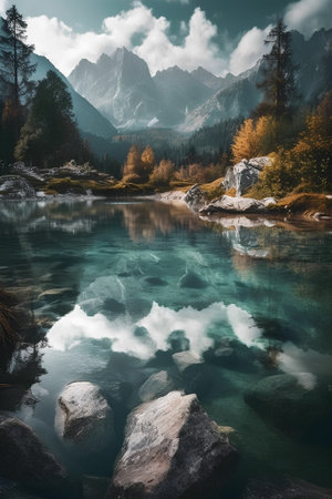 Mountain lake in the Dolomites, Italy. HDR imageの素材