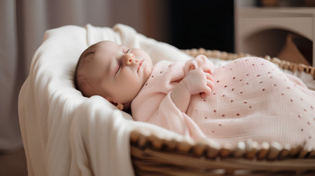 Cute newborn baby girl sleeping in a wicker basket at homeの素材