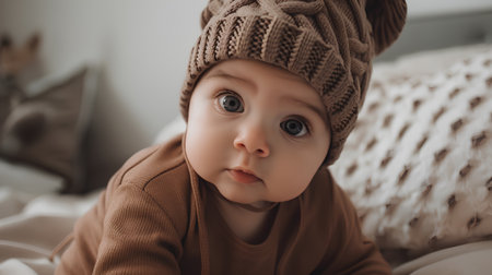 Cute little baby boy in knitted hat and brown sweater.の素材