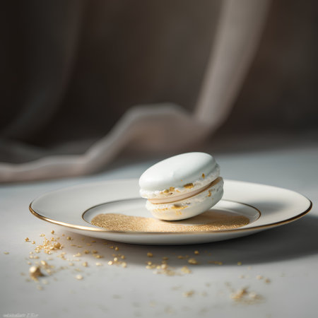 Macaroon on a white plate with gold confetti, selective focusの素材