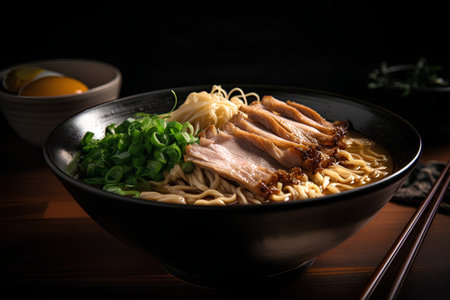 Japanese ramen noodle with pork in black bowl on dark backgroundの素材