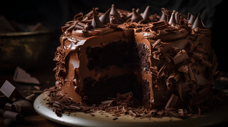 Chocolate cake with chocolate shavings on a dark background. Selective focus. Toned.の素材