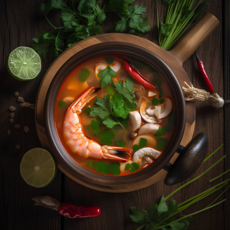Tom yum soup with shrimps, mushrooms and parsley on wooden backgroundの素材