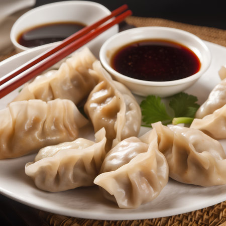 chinese dumplings with soy sauce and ginger on a plateの素材