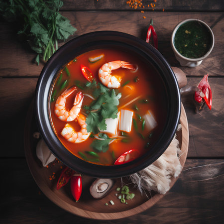 Tom yum soup with shrimps in pot on wooden backgroundの素材
