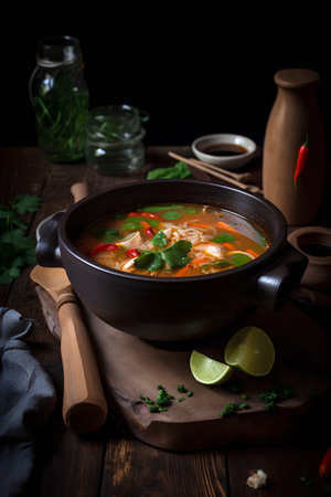 Chicken soup in a clay pot on a dark wooden background. Selective focus.の素材