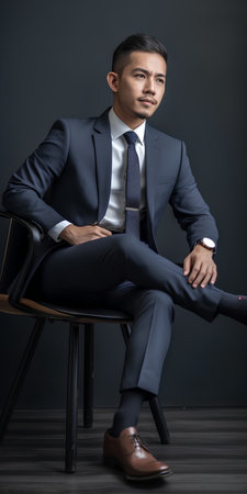 Portrait of a young asian businessman sitting on a chair.の素材