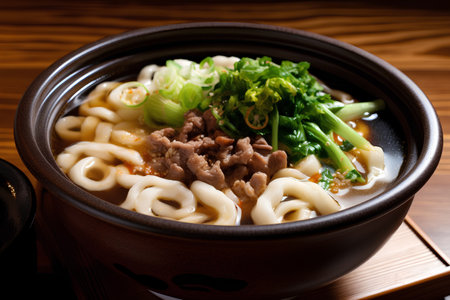 Japanese udon noodles with beef and vegetables in bowl on wooden tableの素材